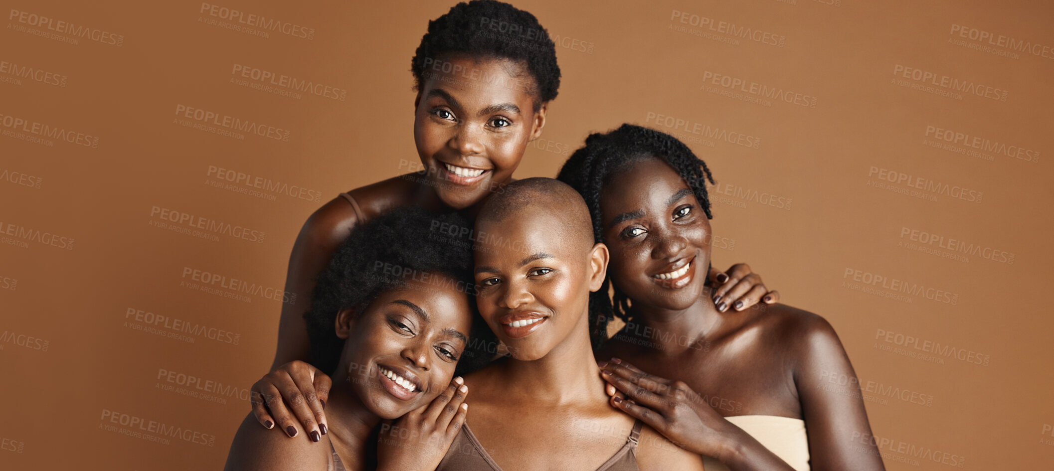 Buy stock photo Face, beauty and happy black woman friends in studio on a brown background for natural wellness. Portrait, skincare and smile with a group of people together for an antiaging treatment routine