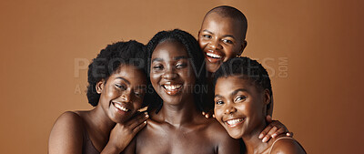 Face, sinkcare and funny with black woman friends in studio on a brown background for natural wellness. Portrait, beauty and smile with a group of happy people laughing for antiaging treatment