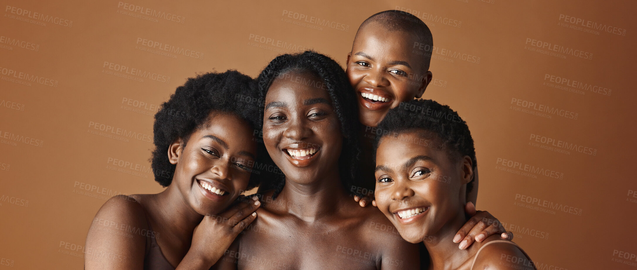 Buy stock photo Face, sinkcare and funny with black woman friends in studio on a brown background for natural wellness. Portrait, beauty and smile with a group of happy people laughing for antiaging treatment