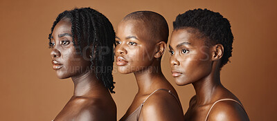 Skincare, beauty and young black women in studio with glowing, natural and facial routine. Wellness, cosmetic and portrait of African female friends with dermatology treatment by brown background.