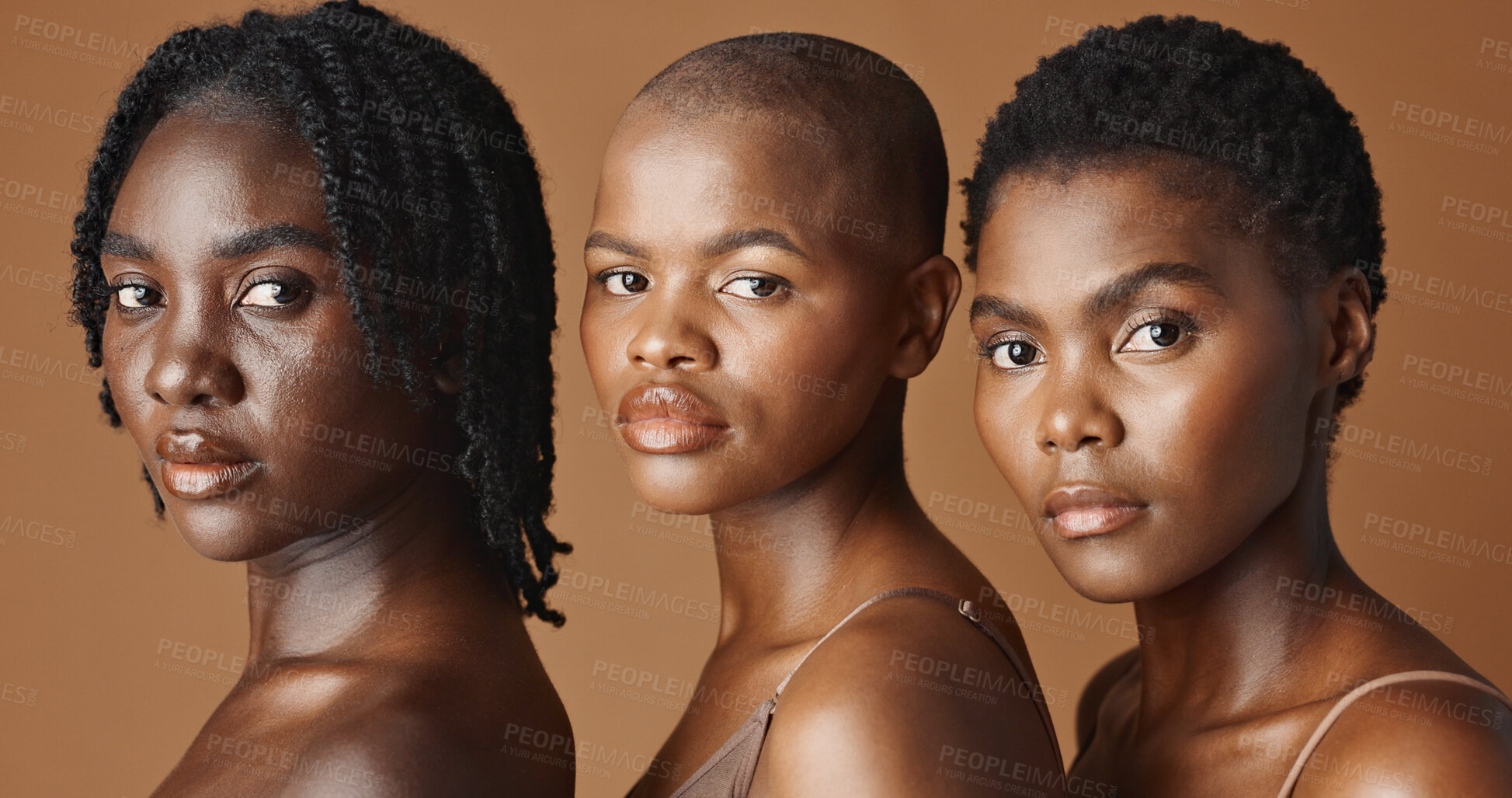 Buy stock photo Skincare, beauty and young black women in studio with glowing, natural and facial routine. Wellness, cosmetic and portrait of African female friends with dermatology treatment by brown background.