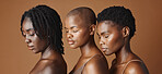 Skincare, beauty and young black women in studio with glowing, natural and facial routine. Wellness, cosmetic and portrait of African female friends with dermatology treatment by brown background.