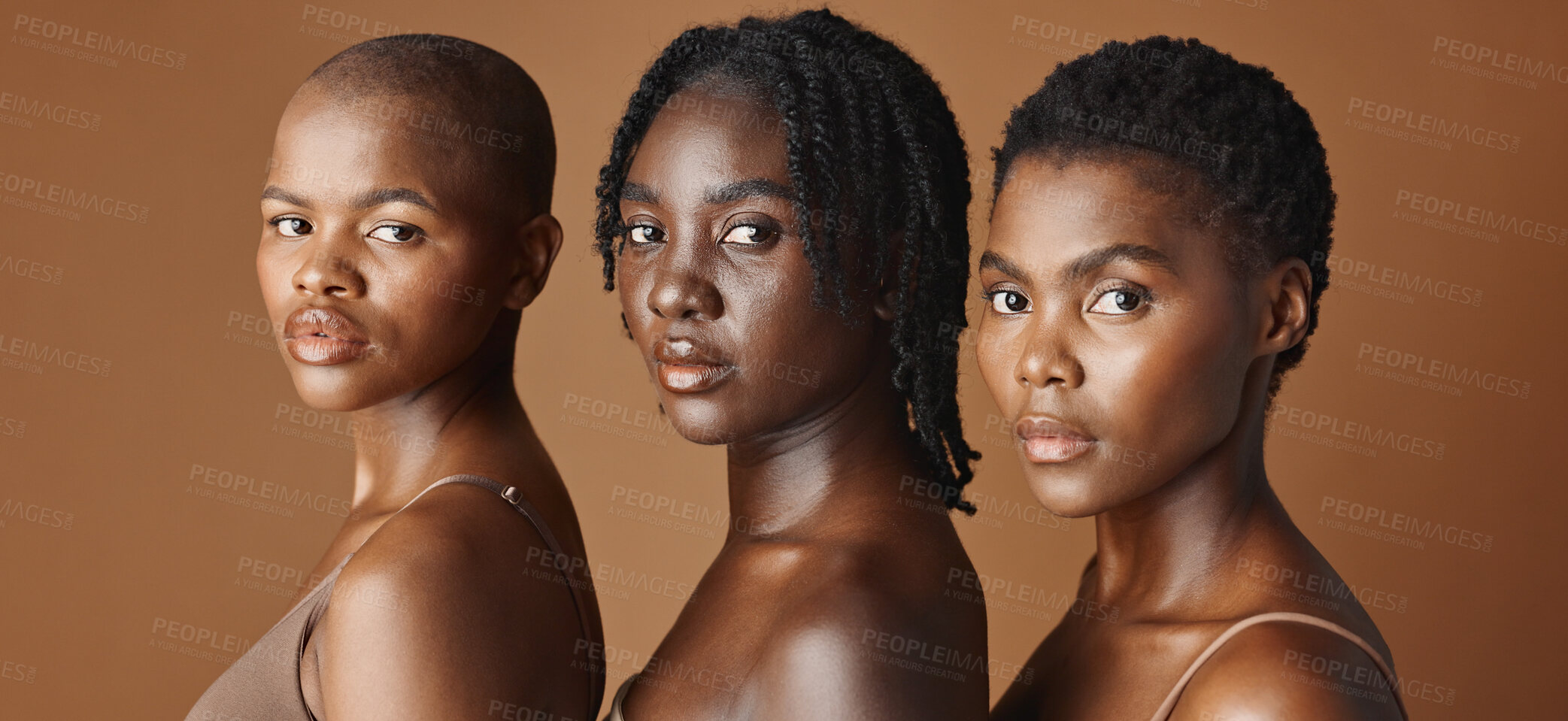 Buy stock photo Beauty, face or black women models with glowing skin or afro isolated on brown background. Facial dermatology, diversity or skincare cosmetics for makeup in studio with girl friends or African people