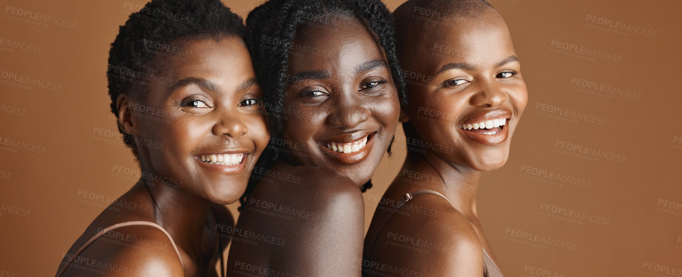 Buy stock photo Face, beauty and laughing with black woman friends in studio on a brown background for natural wellness. Portrait, skincare and funny with a group of people looking happy at antiaging treatment