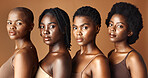 Beauty, face or black women with skincare, glowing skin or afro isolated on brown background. Facial dermatology, models or natural cosmetics for makeup in studio with girl friends or African people