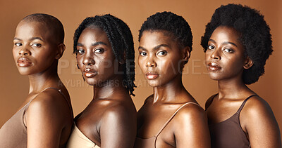 Beauty, face or black women with skincare, glowing skin or afro isolated on brown background. Facial dermatology, models or natural cosmetics for makeup in studio with girl friends or African people