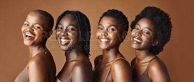 Face, beauty and funny with african women in studio on a brown background for natural wellness. Portrait, skincare and smile with a group of funny young friends laughing at antiaging treatment