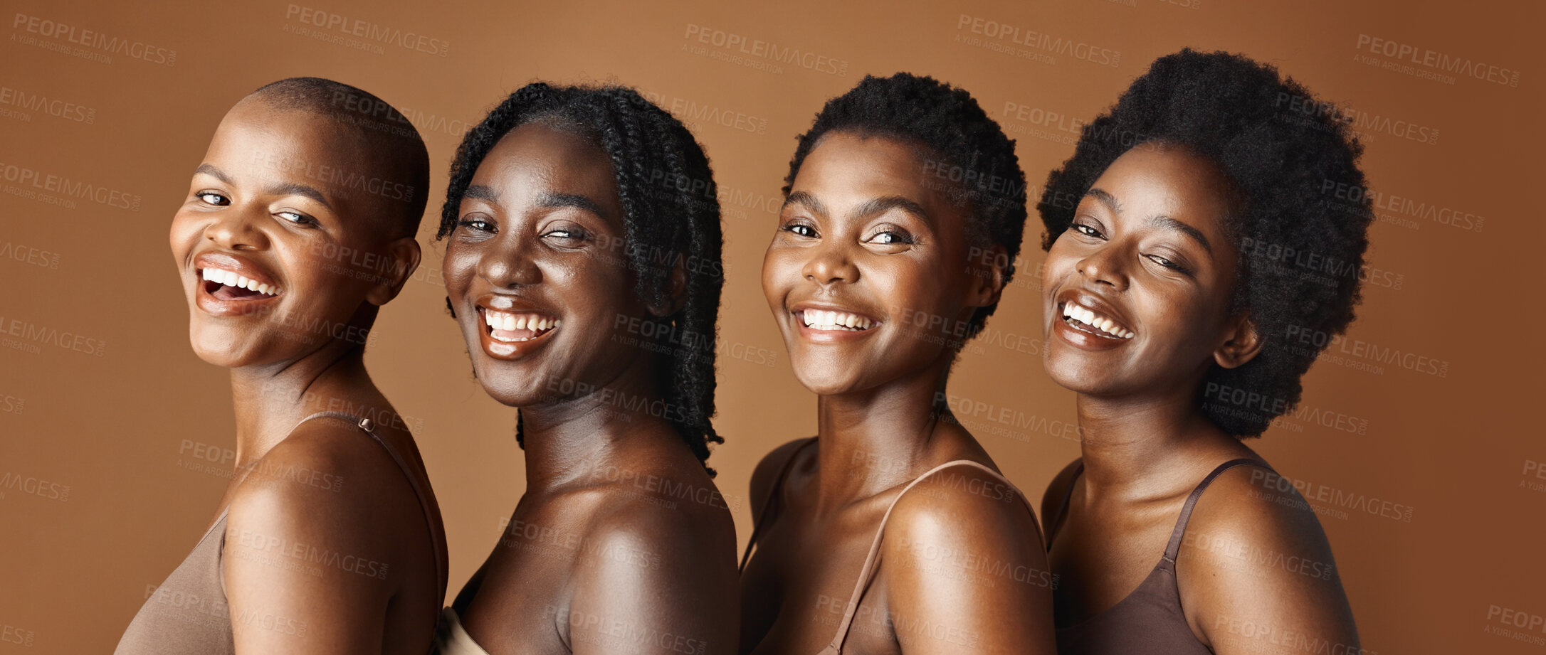 Buy stock photo Face, beauty and funny with african women in studio on a brown background for natural wellness. Portrait, skincare and smile with a group of funny young friends laughing at antiaging treatment