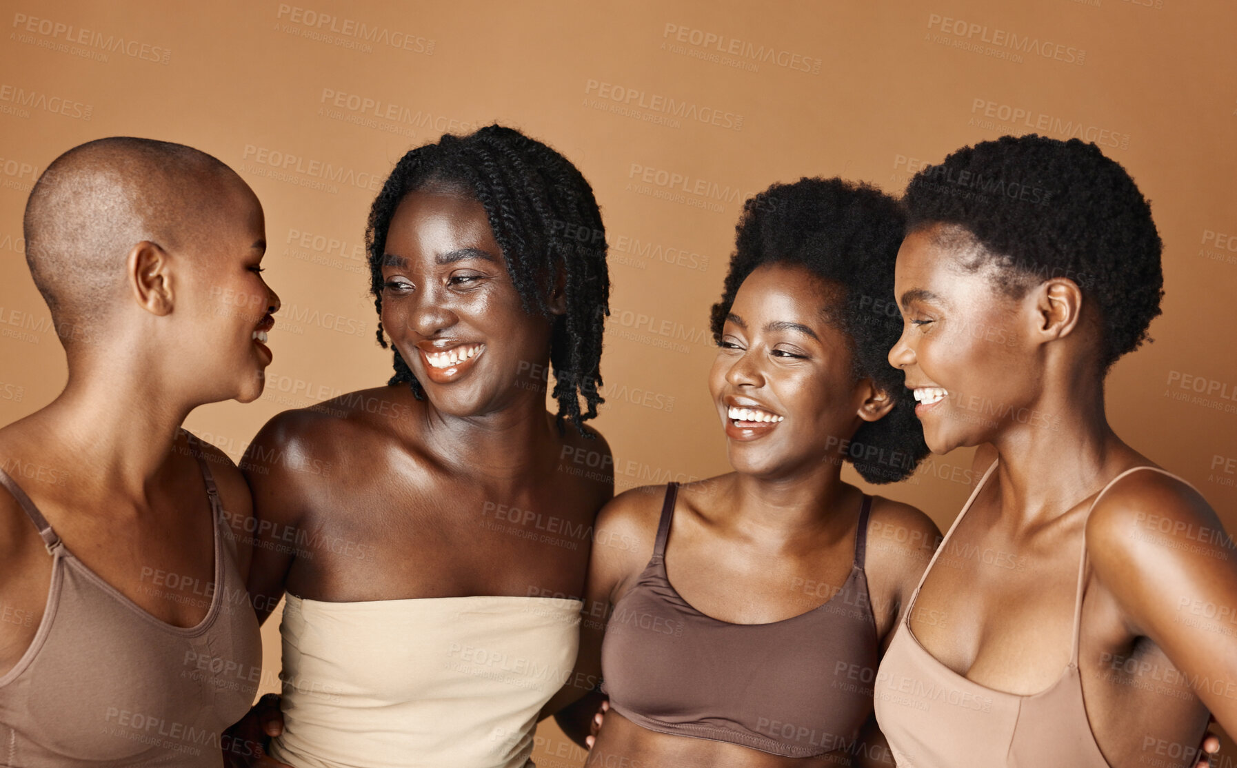 Buy stock photo Face, skincare and laughing with black woman friends in studio on a brown background for natural wellness. Portrait, beauty and smile with a group of funny people looking happy at antiaging treatment