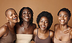 Face, skincare and laughing with black woman friends in studio on a brown background for natural wellness. Portrait, beauty and smile with a group of funny people looking happy at antiaging treatment