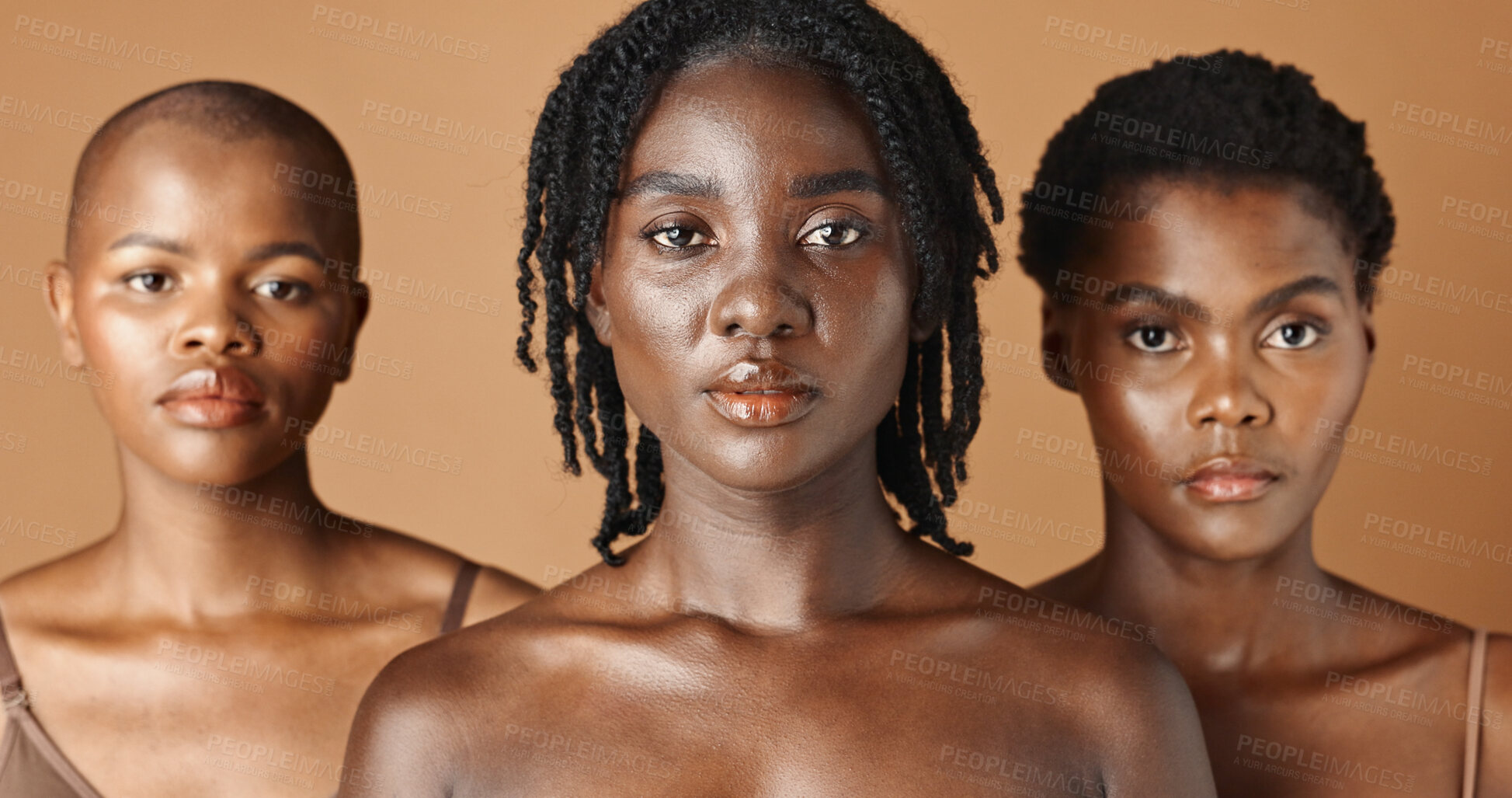 Buy stock photo African, face or natural models with skincare, glowing skin or afro isolated on brown background. Facial dermatology, black women or beauty cosmetics for makeup in studio with girl friends or people