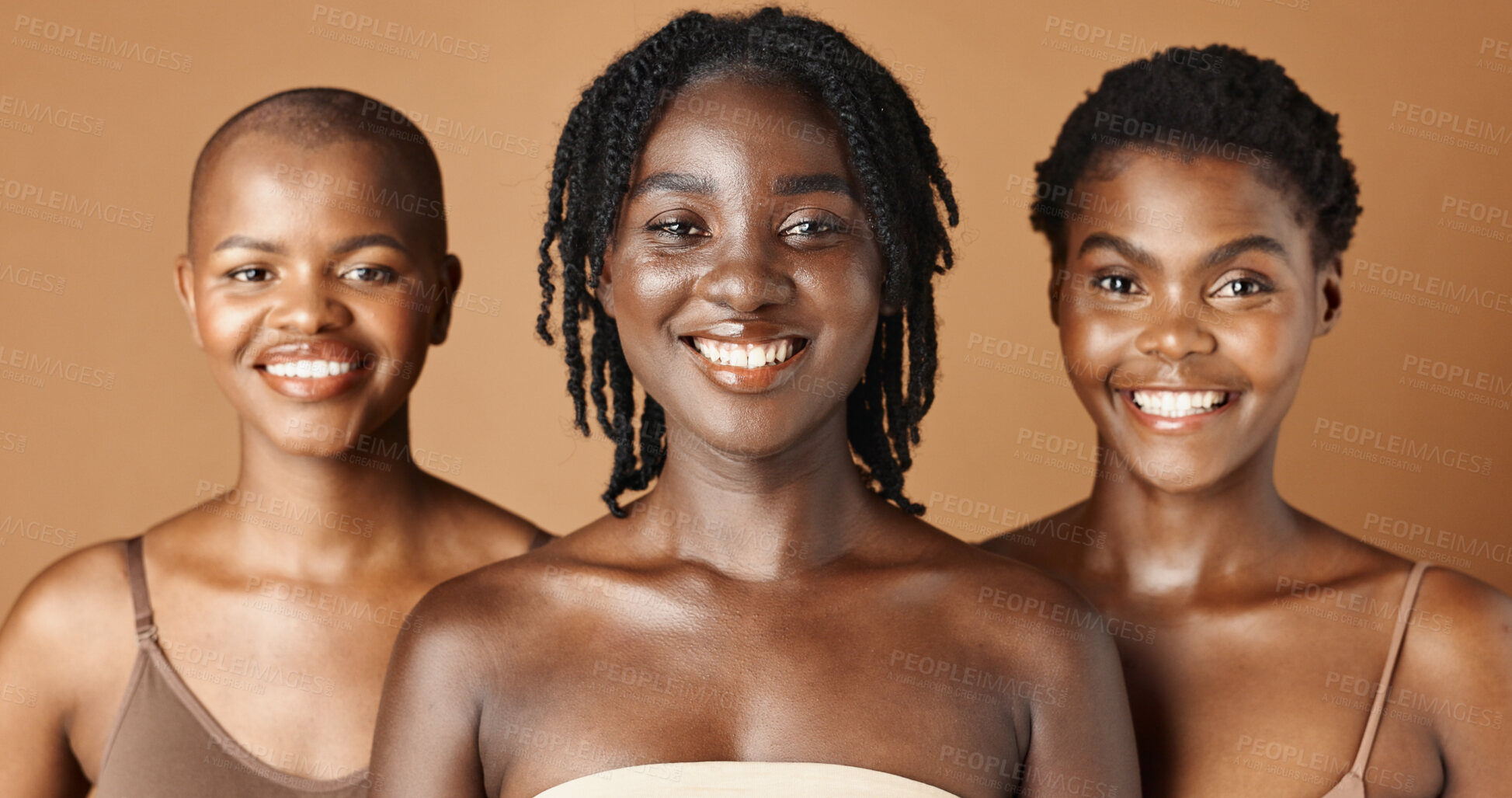 Buy stock photo Face, beauty and natural with black woman friends in studio on a brown background for a wellness routine. Portrait, skincare and smile with a group of people looking confident at antiaging treatment