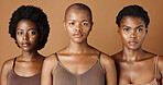 Skincare, face or African models with beauty, glowing skin or afro isolated on brown background. Facial dermatology, black women or natural cosmetics for makeup in studio with girl friends or people