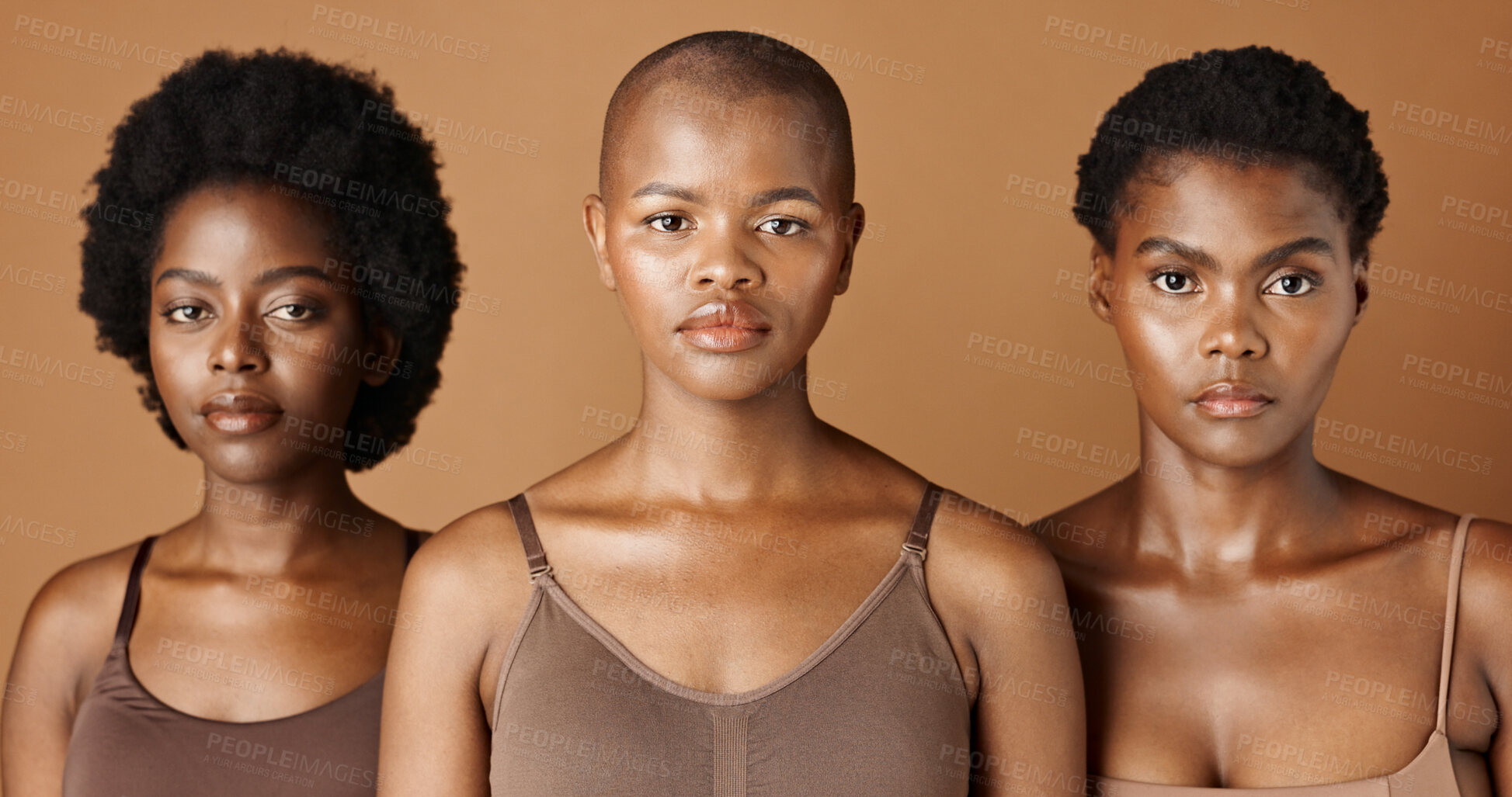 Buy stock photo Skincare, face or African models with beauty, glowing skin or afro isolated on brown background. Facial dermatology, black women or natural cosmetics for makeup in studio with girl friends or people