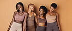 Hug, face or African models with beauty, glowing skin or results isolated on brown background. Facial dermatology, friends or natural cosmetics skincare in studio with black women or happy people