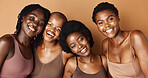 Laughing, face or African models with beauty, glowing skin or results isolated on brown background. Facial dermatology, friends hug or natural skincare in studio with black women or happy people