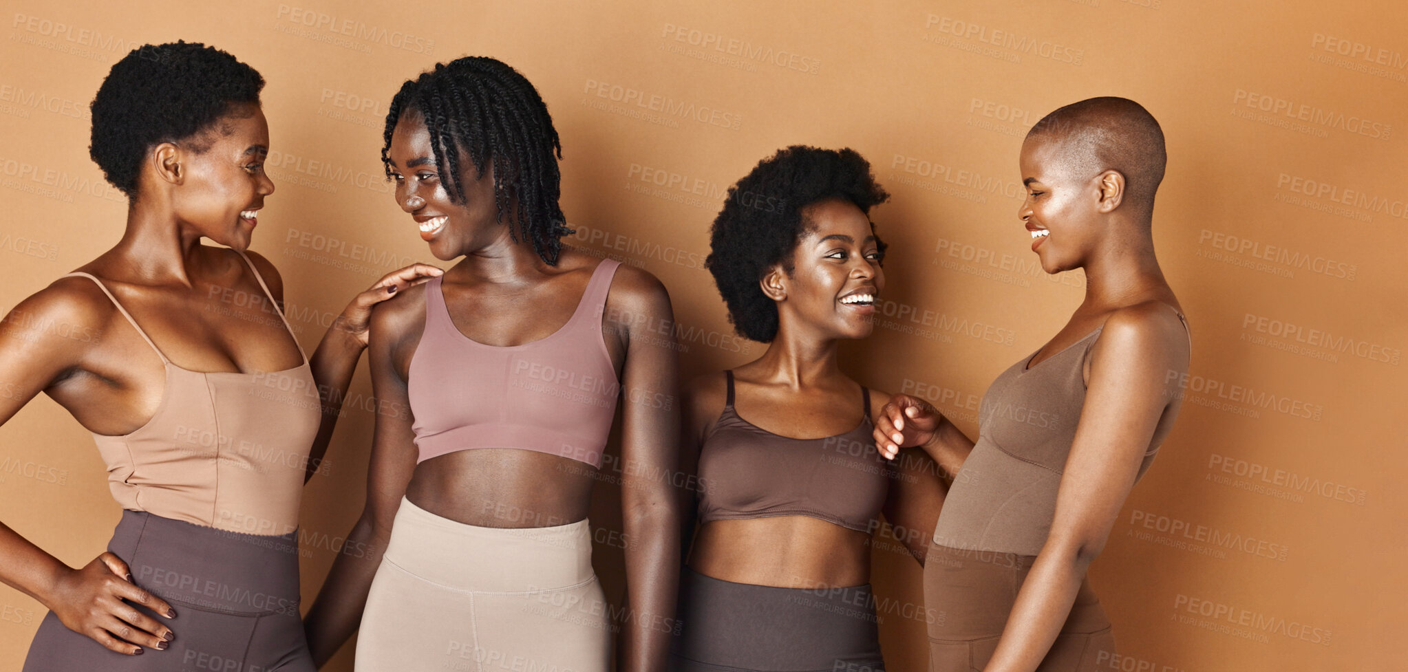 Buy stock photo Friends, face or black women pose with beauty, glowing skin or pride isolated on brown background. Facial dermatology, wellness or natural skincare in studio with group of models or African people