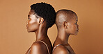 Wellness, face or black women with beauty, glowing skin or results isolated on brown background. Facial dermatology, African models or natural cosmetics skincare in studio with girl friends or people