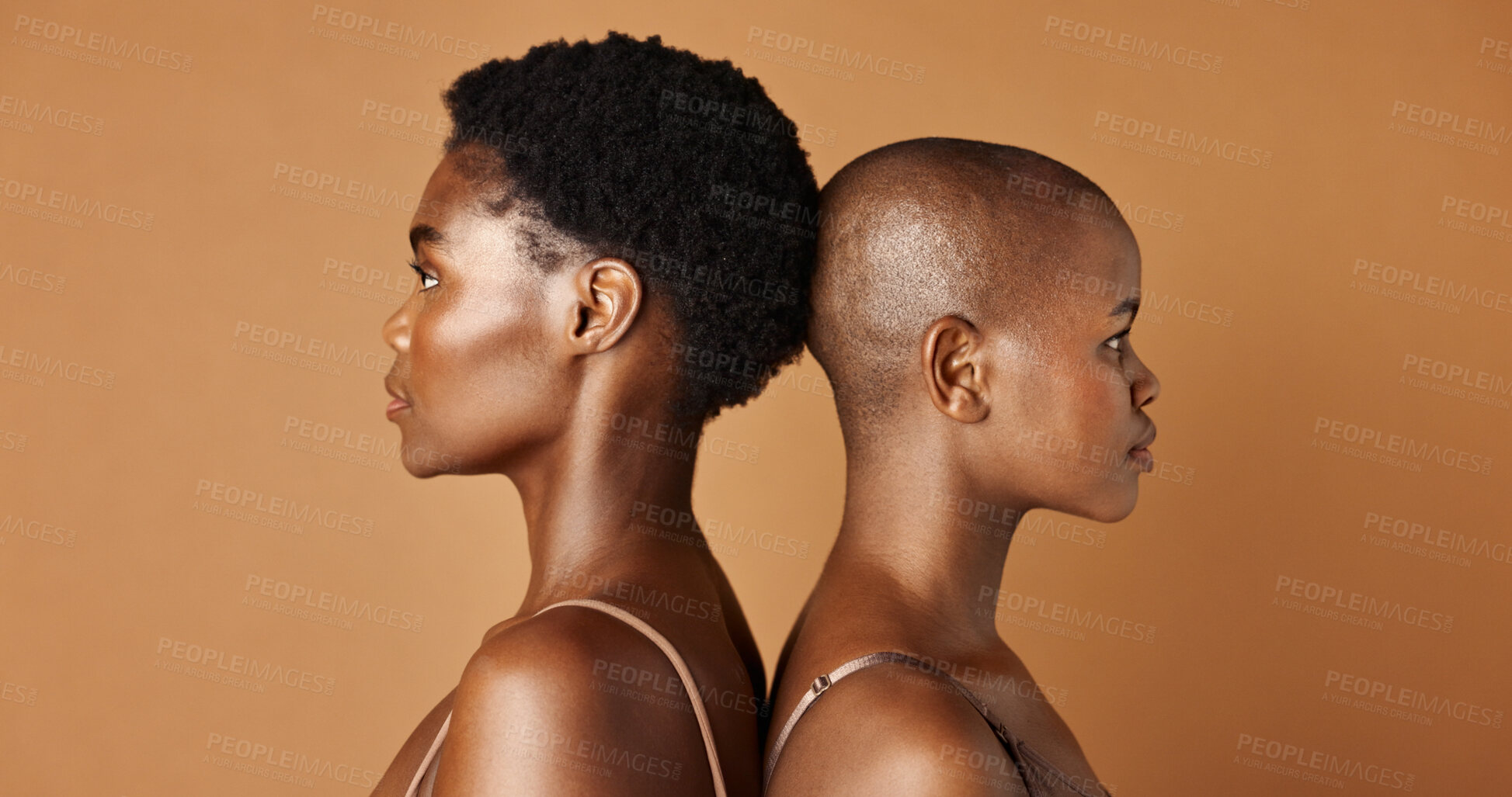 Buy stock photo Wellness, face or black women with beauty, glowing skin or results isolated on brown background. Facial dermatology, African models or natural cosmetics skincare in studio with girl friends or people