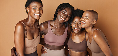Laughing, face or happy black women with beauty, glowing skin or pride isolated on brown background. Facial dermatology, friends hug or natural skincare in studio with funny models or African people