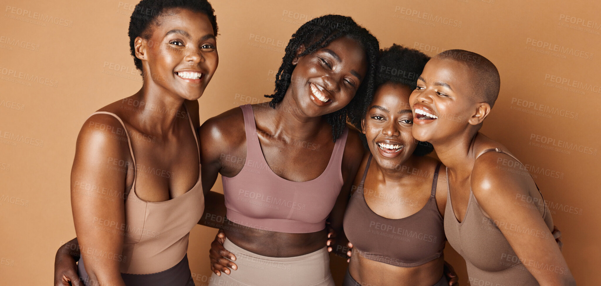 Buy stock photo Laughing, face or happy black women with beauty, glowing skin or pride isolated on brown background. Facial dermatology, friends hug or natural skincare in studio with funny models or African people