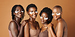 Face, happy or black women with eye patch for skincare or beauty isolated on brown background. Studio, smile or African models with facial collagen pads, dermatology product or anti aging cosmetics