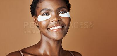 Buy stock photo Skincare, beauty and face of black woman in studio with glowing, natural and facial routine. Smile, cosmetic and portrait of African female person with dermatology treatment by brown background.