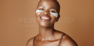 Skincare, health and face of black woman in studio with glowing, natural and facial routine. Smile, cosmetic and portrait of African person with dermatology beauty treatment by brown background.