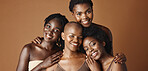 Skincare, face or happy black women models with glowing skin isolated on brown background. Facial dermatology, diversity or beauty cosmetics for makeup in studio with girl friends or African people