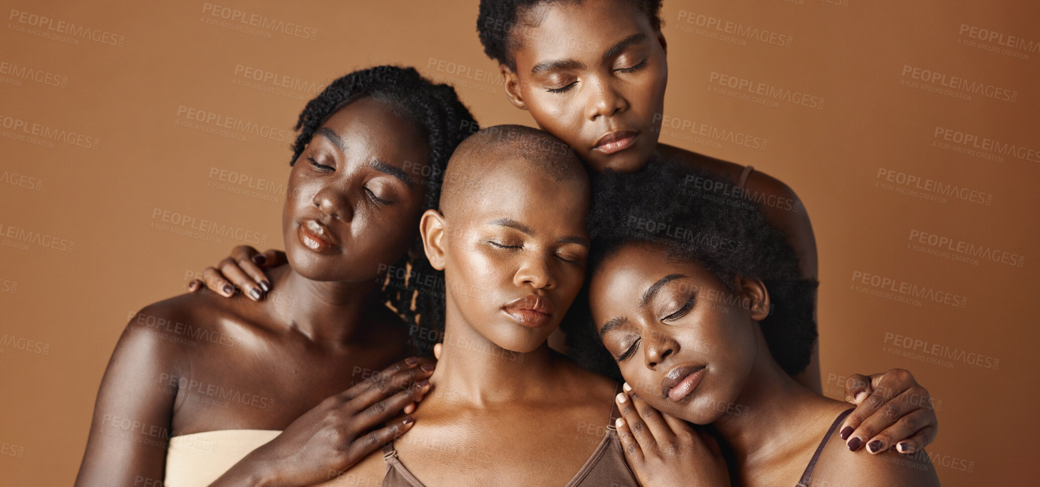 Buy stock photo Skincare, beauty and face of black women in studio with glowing, natural and facial routine. Health, cosmetic and portrait of African female friends with dermatology treatment by brown background.