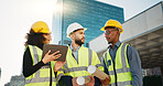 People, architect and team walking with tablet in planning for construction, building or project in city. Group of employees, contractor or engineer in teamwork with technology for architecture plan