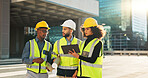 People, architect and team walking with tablet in planning for construction, building or project in city. Group of employees, contractor or engineer in teamwork with technology for architecture plan