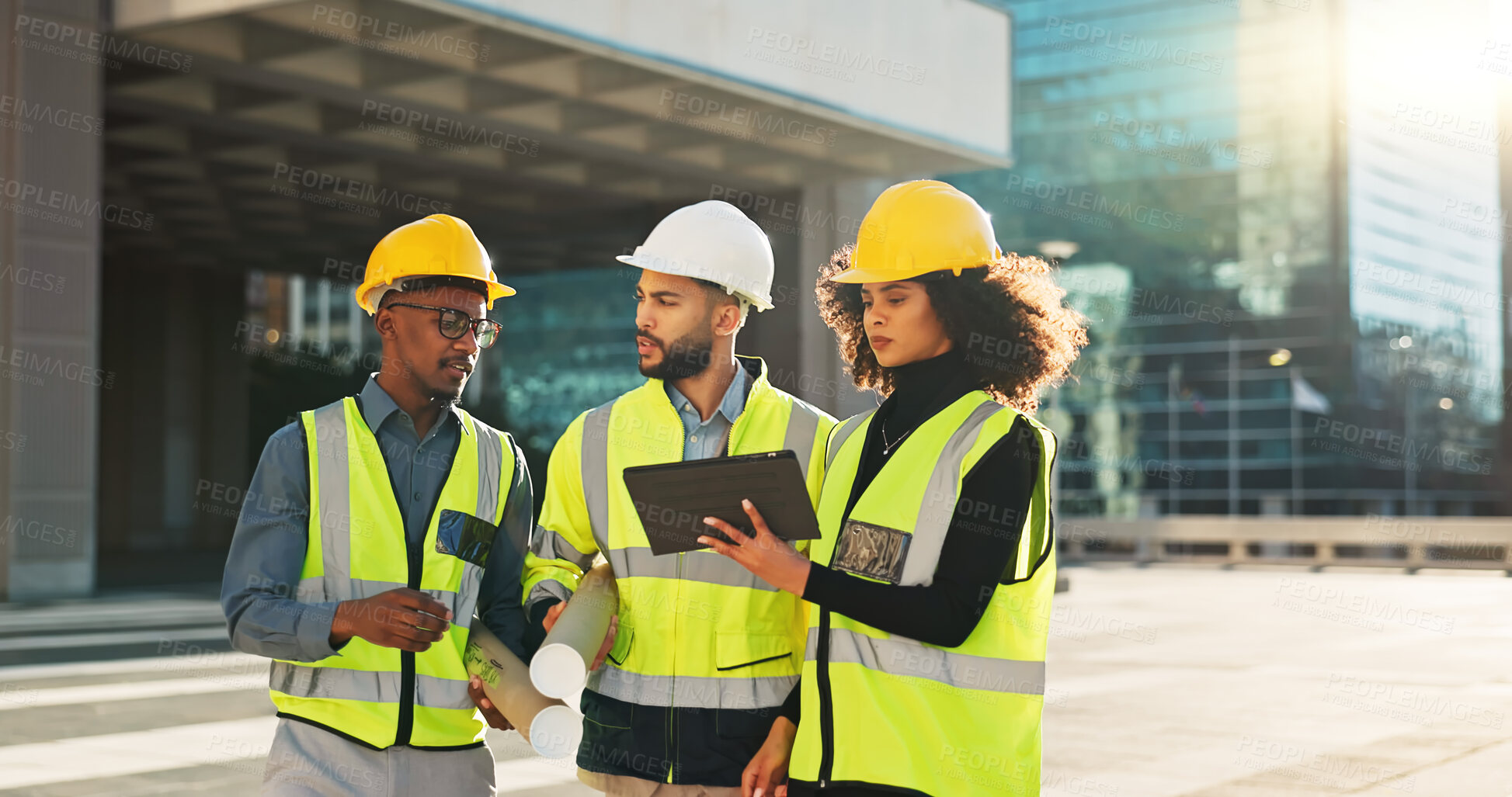 Buy stock photo People, architect and team walking with tablet in planning for construction, building or project in city. Group of employees, contractor or engineer in teamwork with technology for architecture plan