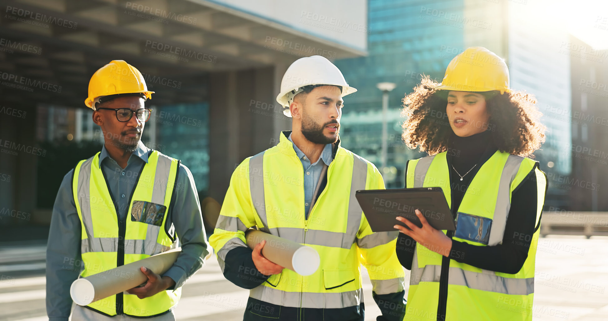 Buy stock photo People, architect and tablet in city planning for meeting, construction or building project on site. Group of employees, contractor or engineer in teamwork on technology for architecture plan or idea