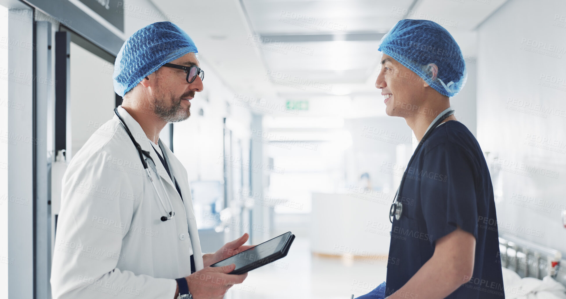 Buy stock photo Tablet, hospital and doctors in discussion for teamwork, collaboration and advice for diagnosis. Healthcare, meeting and people on digital technology for results, medical research and patient report