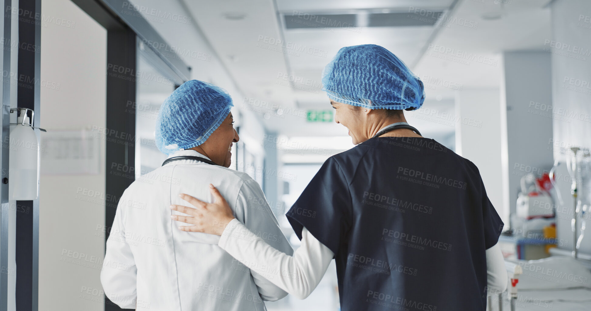 Buy stock photo Discussion, hospital and doctors walking for teamwork, collaboration and advice for diagnosis. Healthcare, meeting and health workers in corridor for results, medical research and patient report