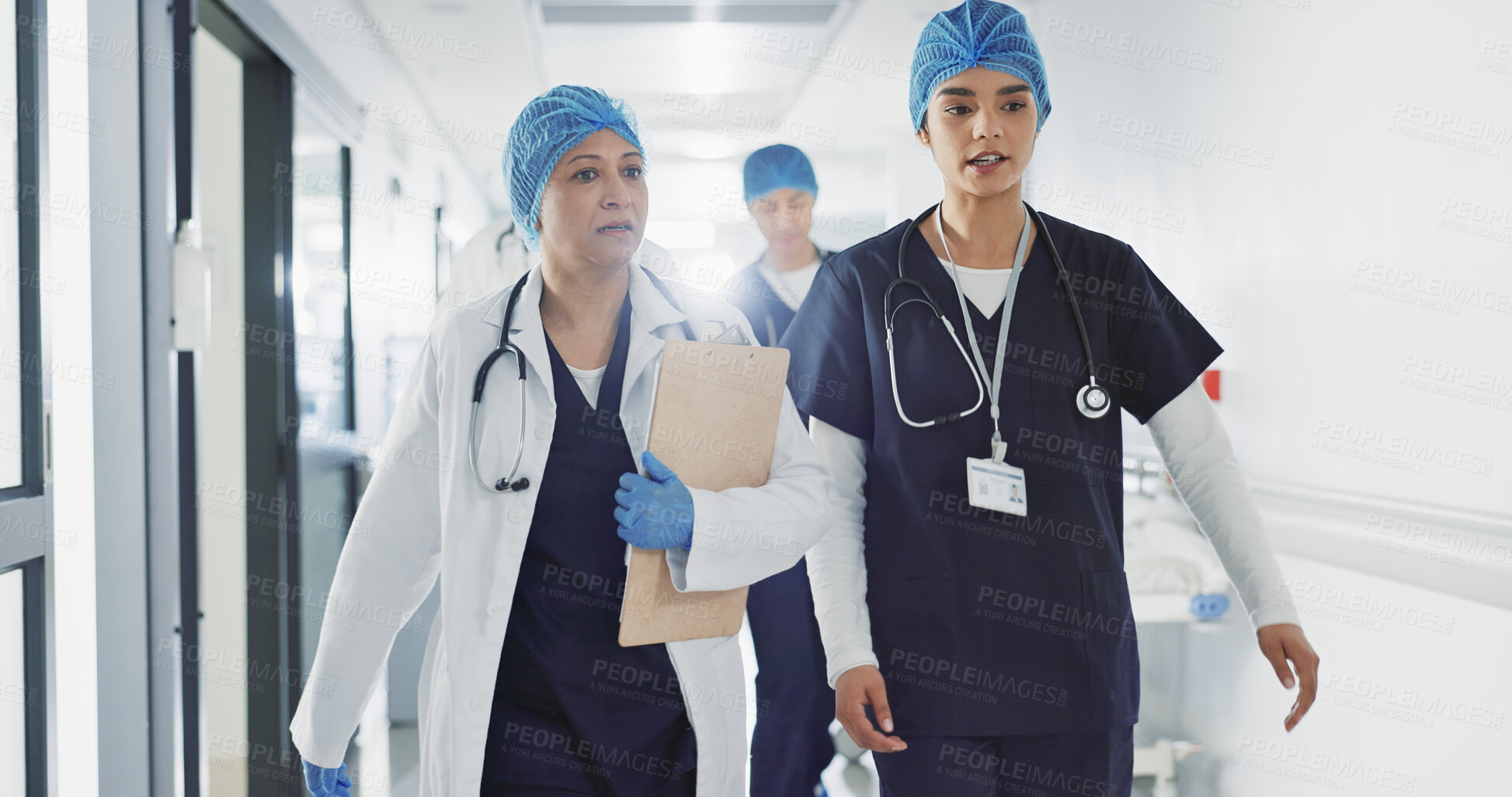 Buy stock photo Doctors, nurses and women walking, talking and planning healthcare, clinic management and workflow schedule. Medical worker, surgeon and mentor support, hospital teamwork and folder or patient charts