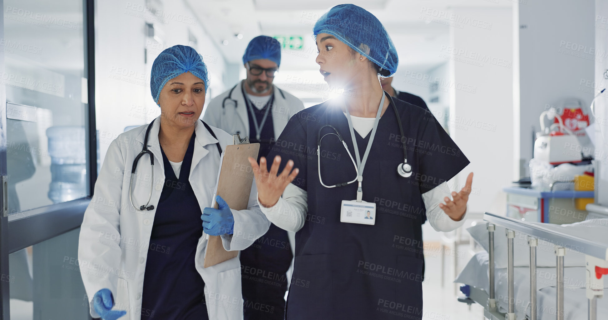 Buy stock photo Doctors, nurses and people walking, teamwork or planning healthcare, clinic management and talking of ideas. Medical worker, surgeon and mentor support, hospital feedback and checklist or charts