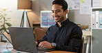 Happy man in office, typing on laptop and planning online research for creative project at professional digital agency. Internet, website and networking, businessman with smile and computer for email