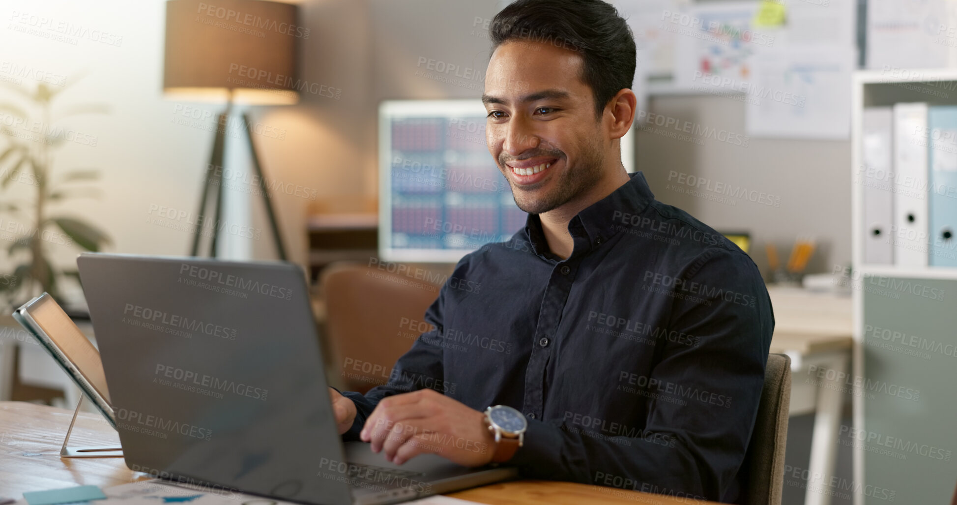 Buy stock photo Happy man in office, typing on laptop and planning online research for creative project at professional digital agency. Internet, website and networking, businessman with smile and computer for email