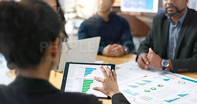 People, meeting and tablet screen of data analytics, graphs and statistics in finance, business or revenue proposal. Professional employees, analyst or manager talking of digital sales and documents