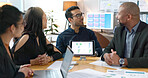 Business, team and office with presentation on tablet with smart pen, happiness and collaboration. Diversity, professional and teamwork with graphs, creativity and coaching, training and learning