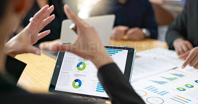 People, meeting and tablet screen of data analytics, graphs and statistics in finance, business or revenue proposal. Professional employees, analyst or manager talking of digital sales and documents