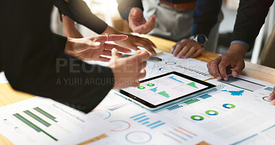 Business people, data analysis with tablet and paperwork, online review in meeting and hands with team and market research. Statistics, analytics dashboard and digital infographic with collaboration