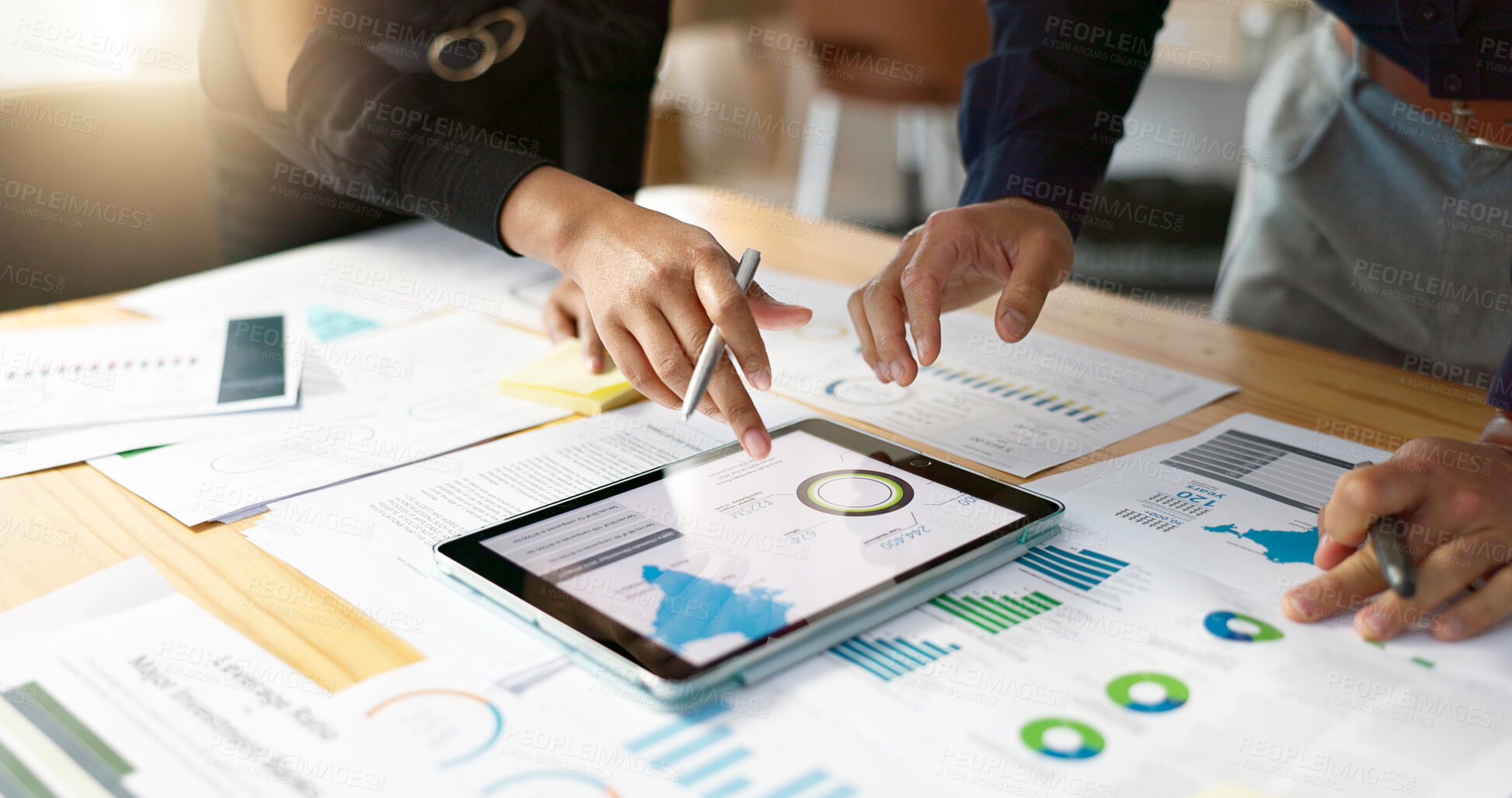 Buy stock photo Business people, data analysis with tablet and documents, hands with online review in meeting and team with market research. Statistics, analytics dashboard and digital infographic with collaboration