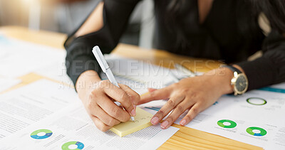 Hands, business person and data analysis, writing on sticky note and paperwork review with graphs and information. Statistics, analytics and infographic documents with planning and market research