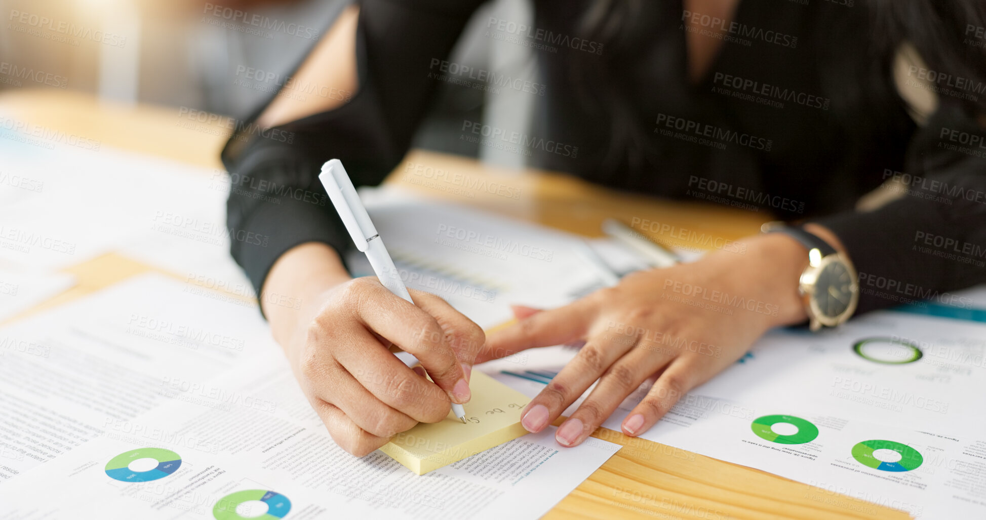 Buy stock photo Hands, business person and data analysis, writing on sticky note and paperwork review with graphs and information. Statistics, analytics and infographic documents with planning and market research