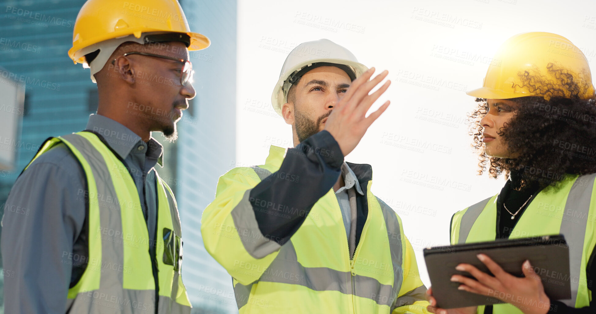 Buy stock photo People, architect and tablet in city for construction planning, team discussion or strategy on site. Group of employees, contractor or engineer on technology in teamwork, project plan or architecture