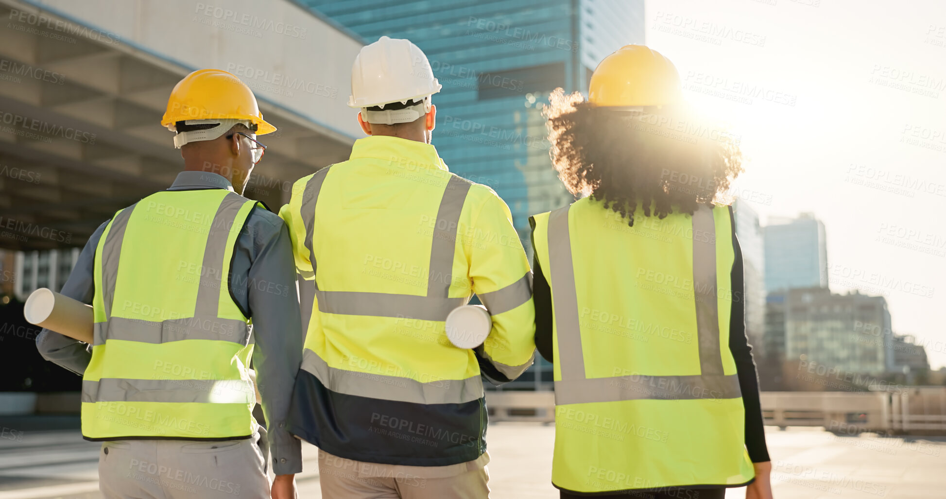 Buy stock photo People, back and architect team walking in city for construction, maintenance or building on site. Rear view of employee group, engineer or contractor in teamwork for architecture project or plan