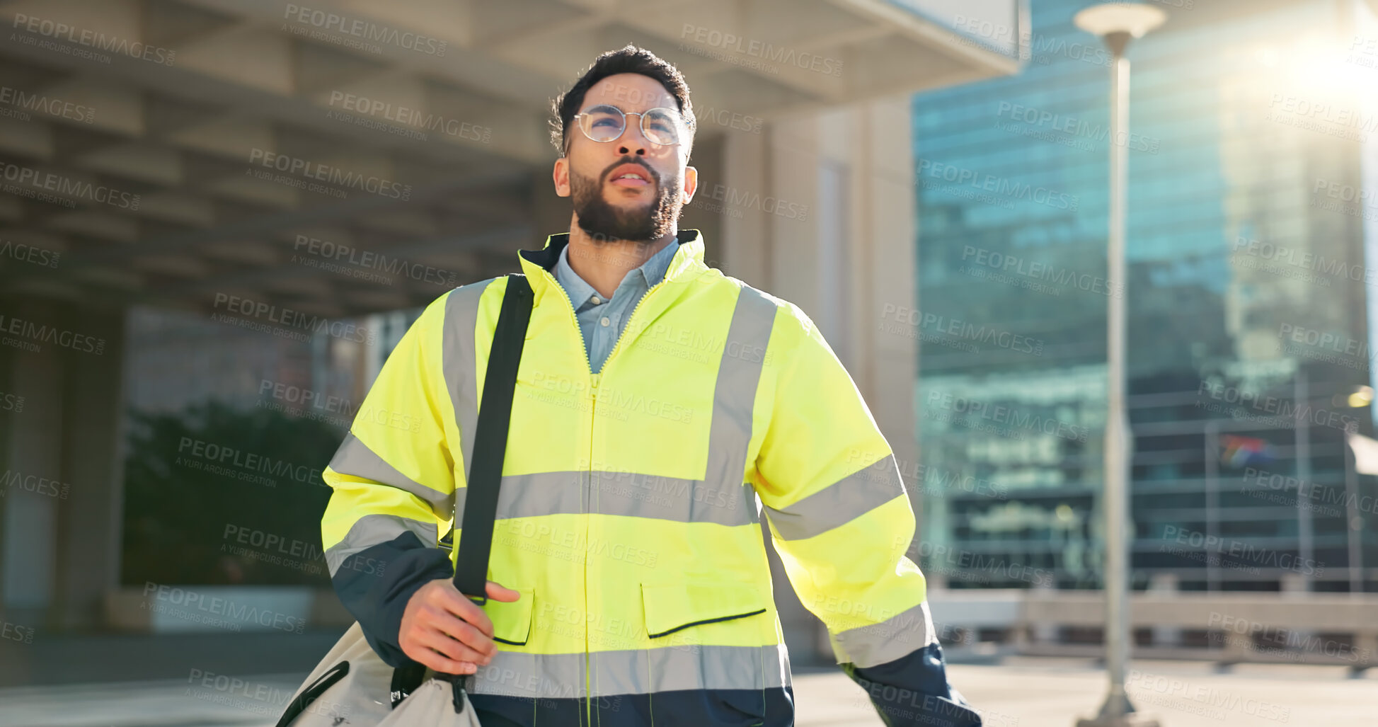 Buy stock photo Engineer man, walking and street in city, thinking and ideas on travel to work, bag and outdoor. Technician, architect or contractor on urban road or sidewalk in metro cbd for infrastructure job